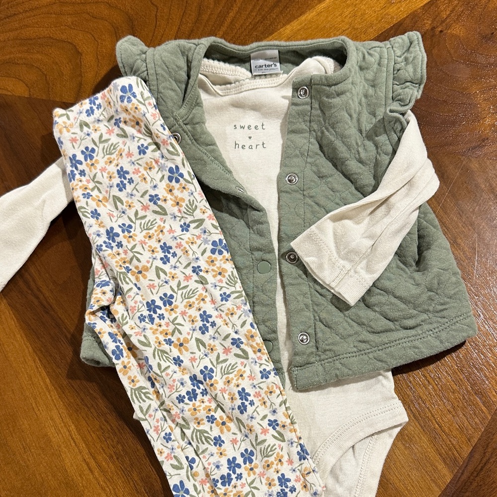 Carter's Olive Quilted Vest with Floral Pants and Cream Onesie